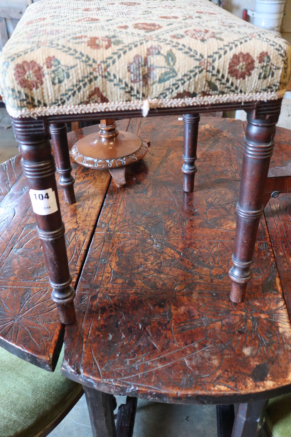 A Regency mahogany square topped, tapestry upholstered dressing stool, width 41cm